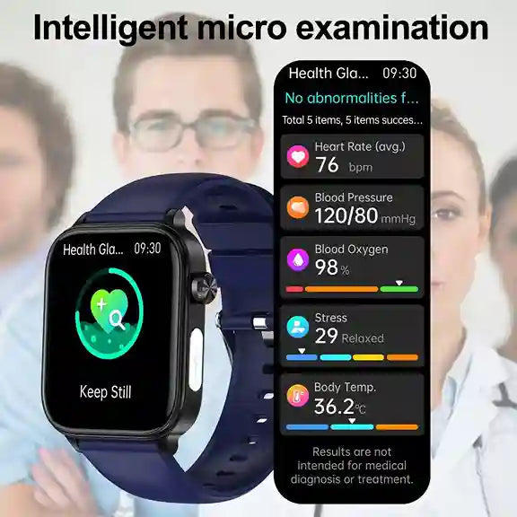 Smartwatch displaying health metrics with a blurred background of people