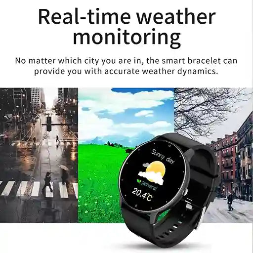 Smartwatch displaying weather information with cityscape images in the background