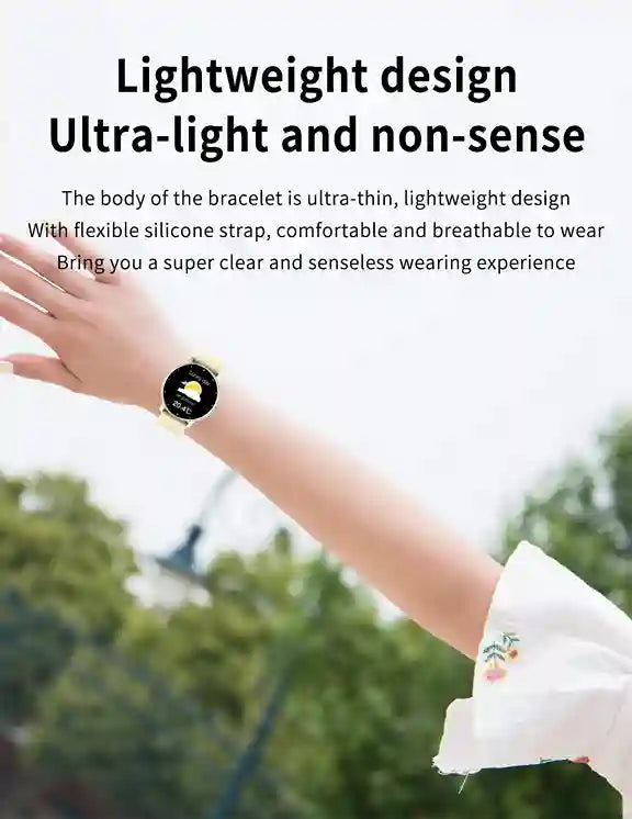 Smartwatch on a wrist with text about its lightweight design and comfort
