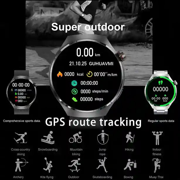 Smartwatch with GPS route tracking features displayed on a black background