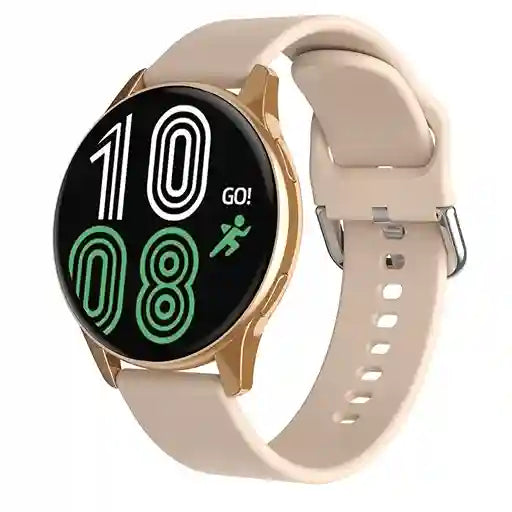 Smartwatch with a gold frame and beige band on a white background