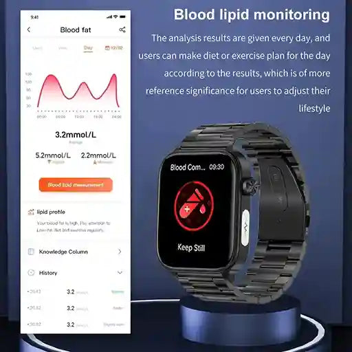 Smartwatch with blood lipid monitoring app on a blue background