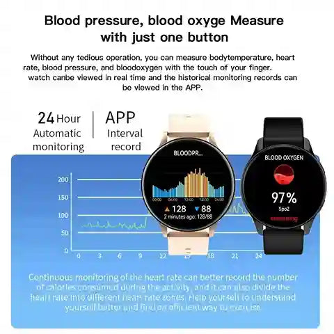 Smartwatch with blood pressure and oxygen measurement features on a white background