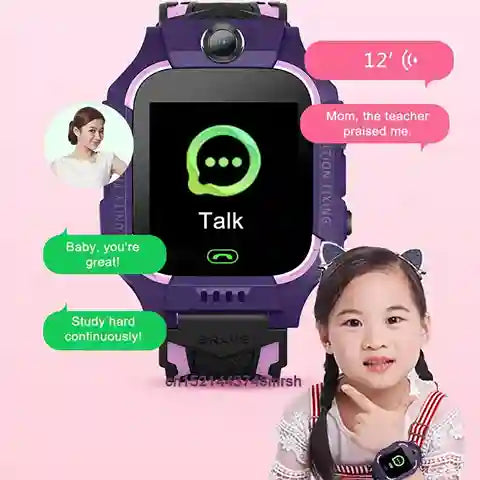 Smartwatch with communication app interface on a pink background, featuring a child and text bubbles.
