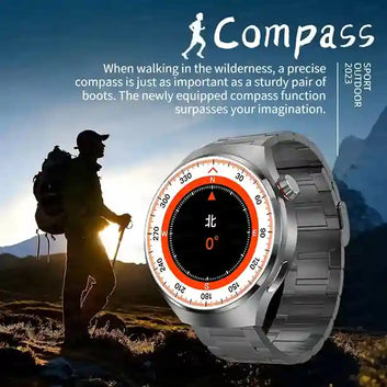 Smartwatch with compass function displayed against a mountain backdrop