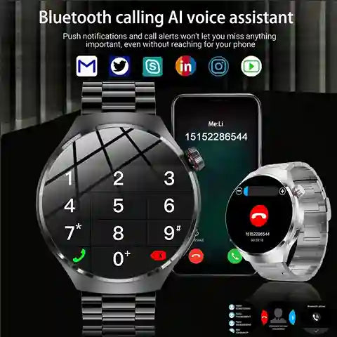 Smartwatch with digital display and app icons on a black background