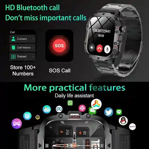 Smartwatch with features like HD Bluetooth call, SOS call, and daily life assistant on a dark background.