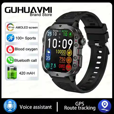 Smartwatch with features listed on a white background, featuring the GUHUAVMI brand.