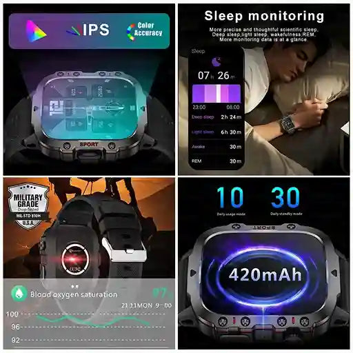 Smartwatch with various features including sleep monitoring, military-grade durability, and battery life displayed on a collage.