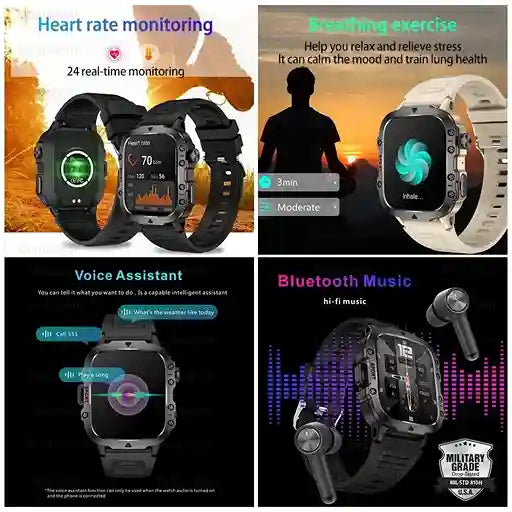 Smartwatch with various features like heart rate monitoring, Bluetooth music, and voice assistant displayed on a collage.