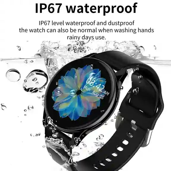 Smartwatch with water splashes around it, emphasizing IP67 waterproof feature.