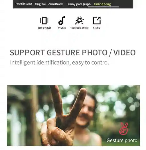Software interface for gesture photo/video with icons and text on a white background