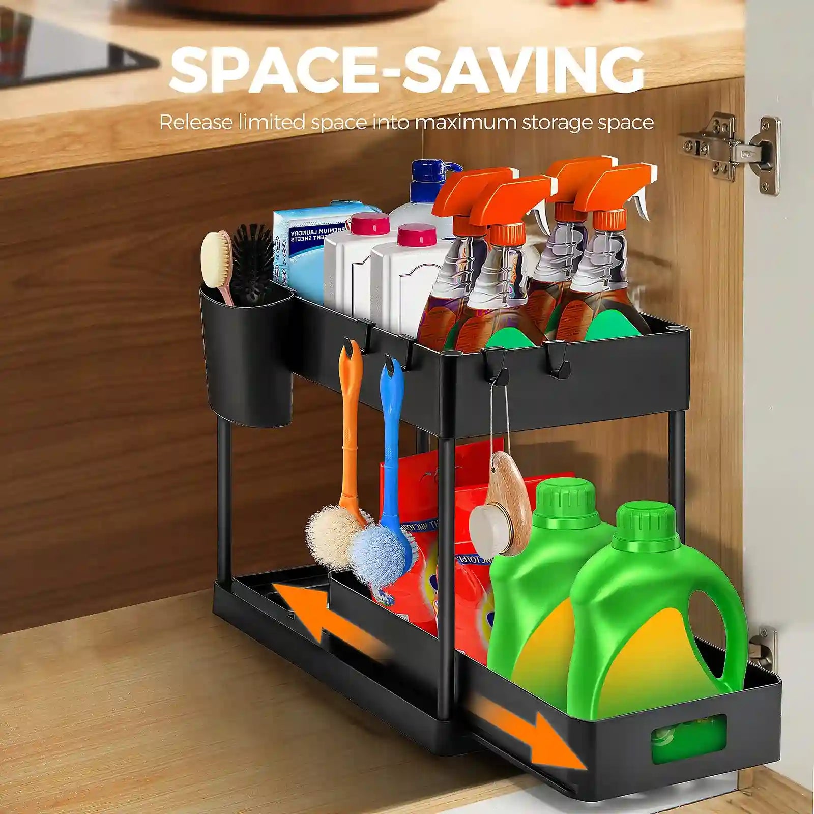 Space-saving kitchen organizer with cleaning supplies inside a cabinet.