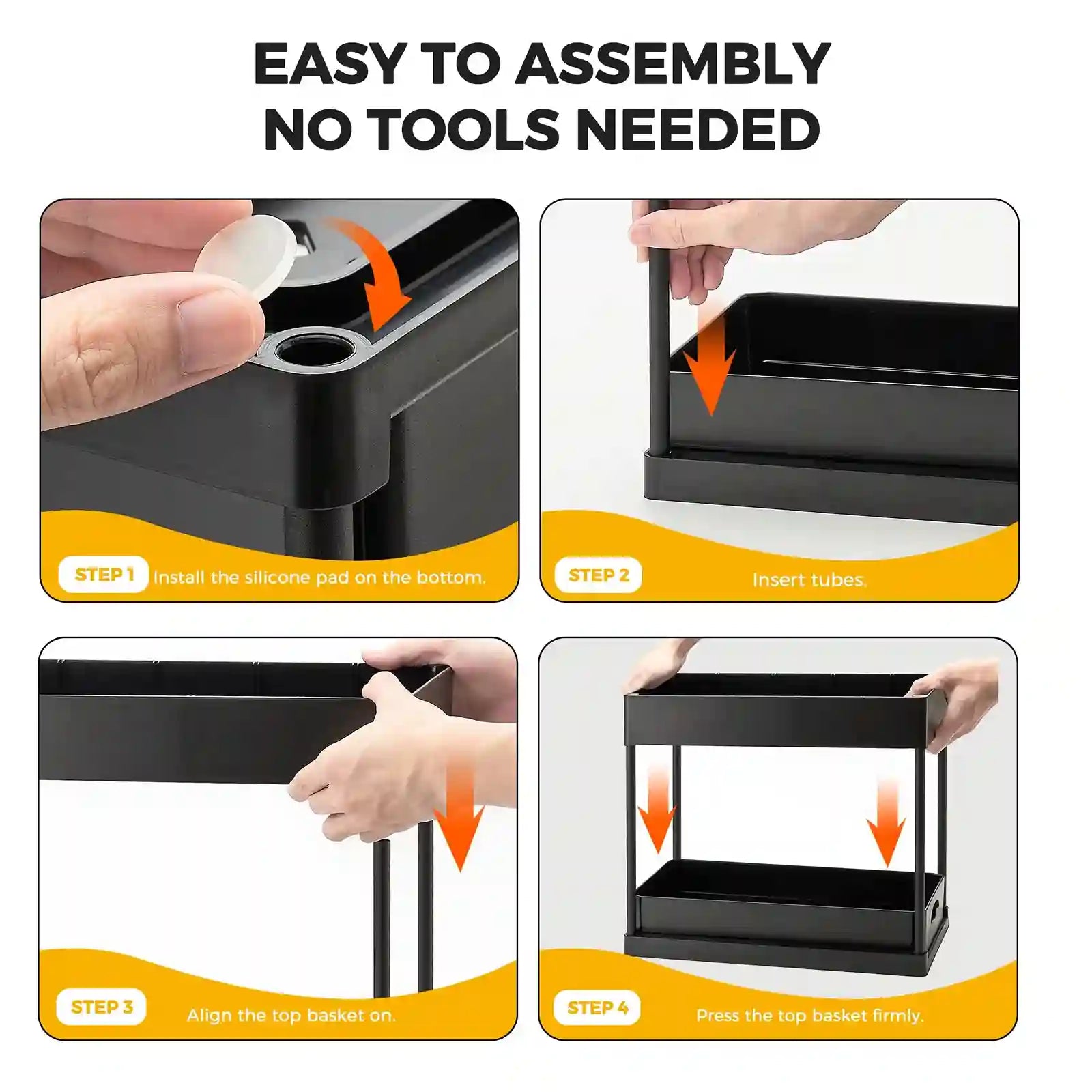 Step-by-step assembly instructions for a black container with text 'Easy to assemble, no tools needed'.