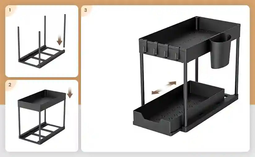 Step-by-step assembly of a black kitchen cart with storage drawers.