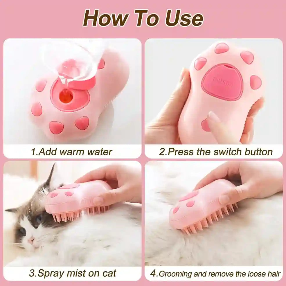 Step-by-step guide on how to use a pink pet grooming tool with images and text.