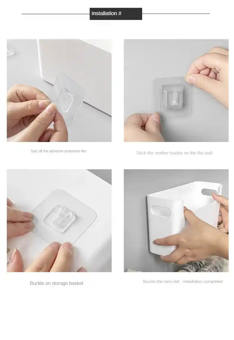 Step-by-step installation guide with hands performing actions on a white background