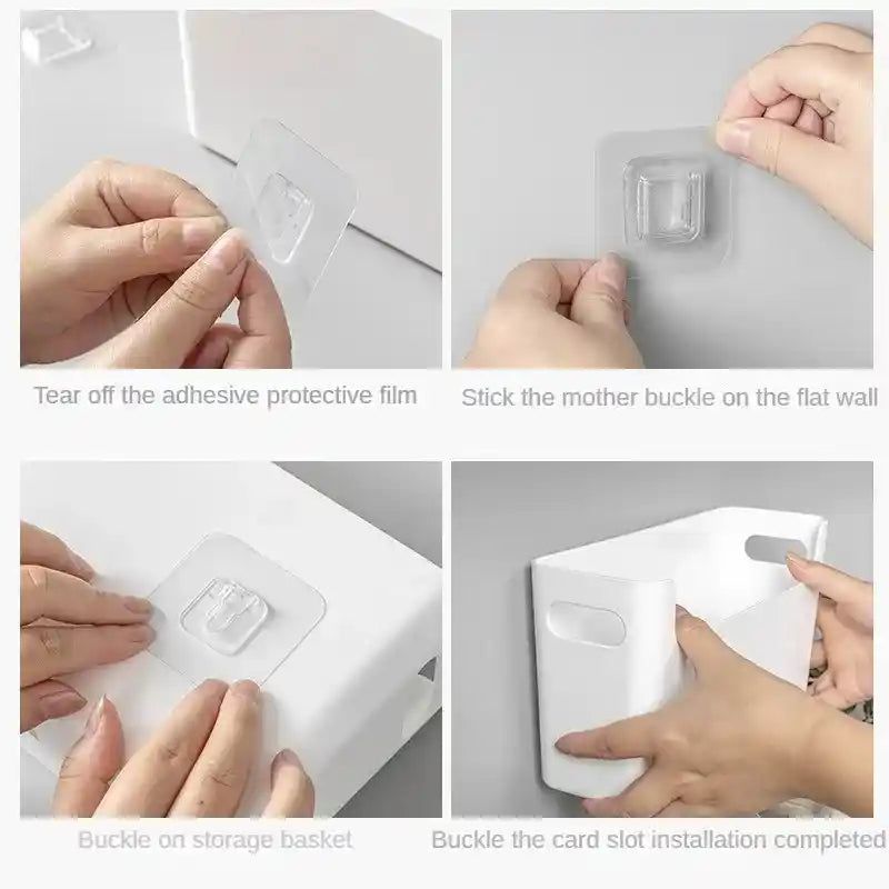 Step-by-step instructions for installing a card slot on a storage basket.