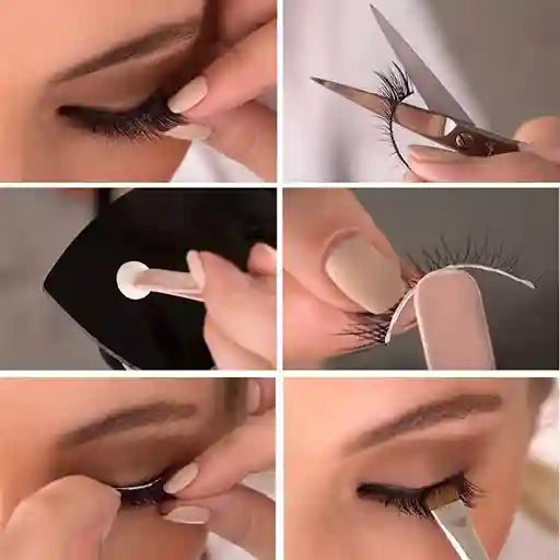 Step-by-step process of applying false eyelashes with close-up shots.