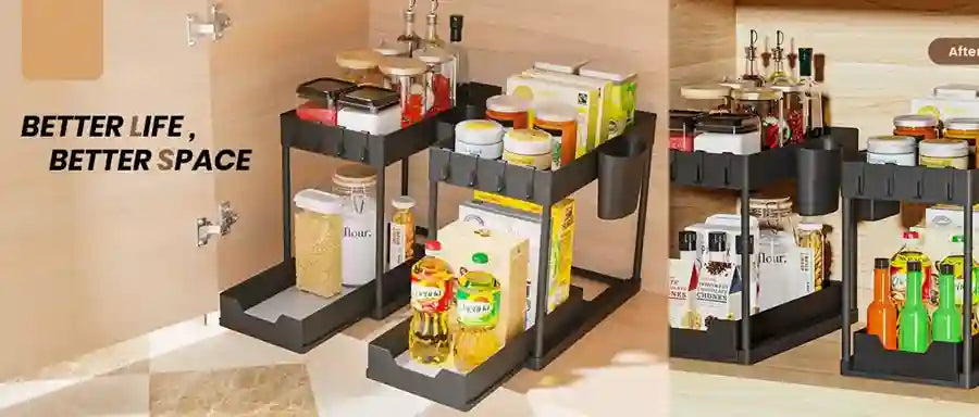 Storage shelves with various items in a kitchen setting, featuring the text 'Better Life, Better Space'.