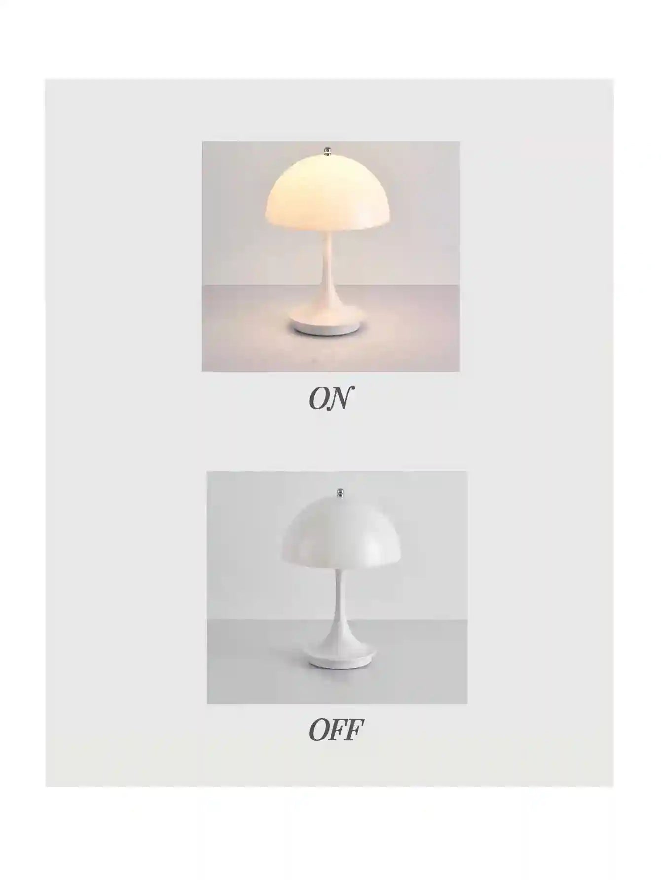 Table lamp shown in 'On' and 'Off' states on a light gray background