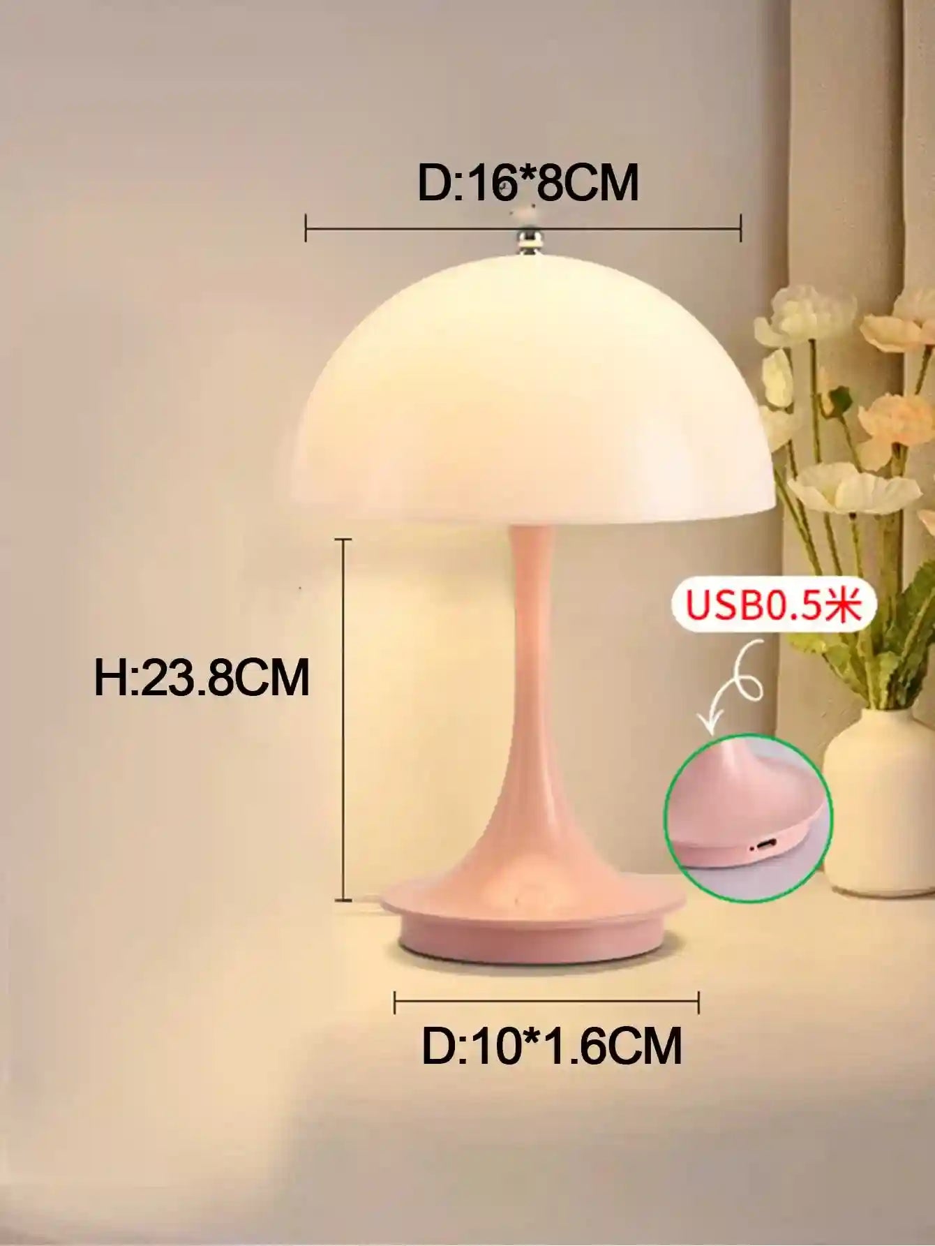 Table lamp with dimensions and USB connection details on a neutral background