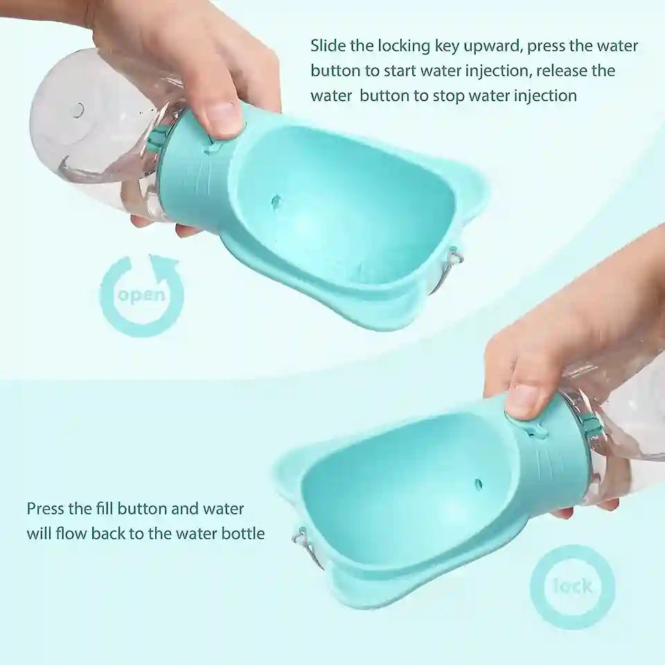 Teal pet water bottle with instructions on how to use it