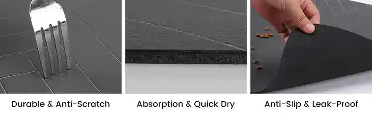 Three features of a black mat: durable & anti-scratch, absorption & quick dry, anti-slip & leak-proof.