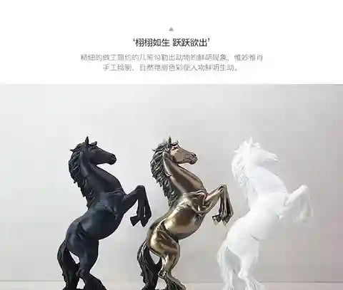 Three horse sculptures in black, gold, and white on a light gray background.