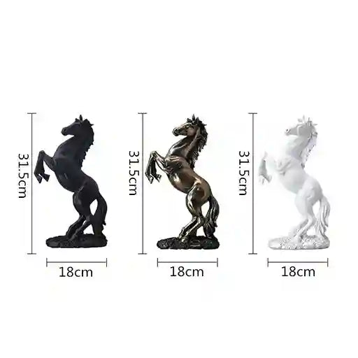 Three horse statues in black, bronze, and white with measurements on a white background