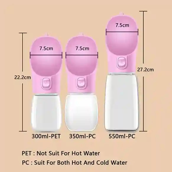 Three pink pet water bottles with measurements and water capacity labels on a beige background.