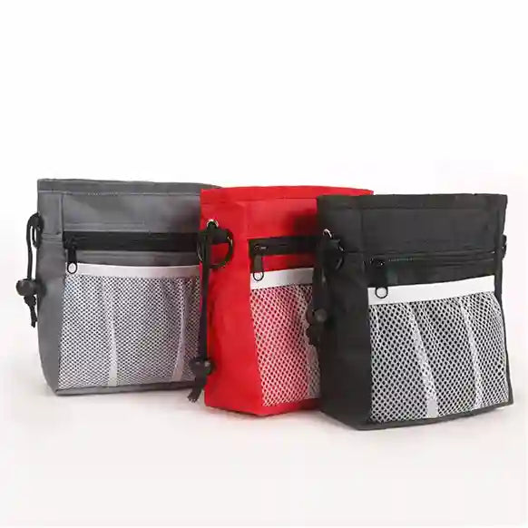 Three pouches in gray, red, and black with mesh pockets on a white background
