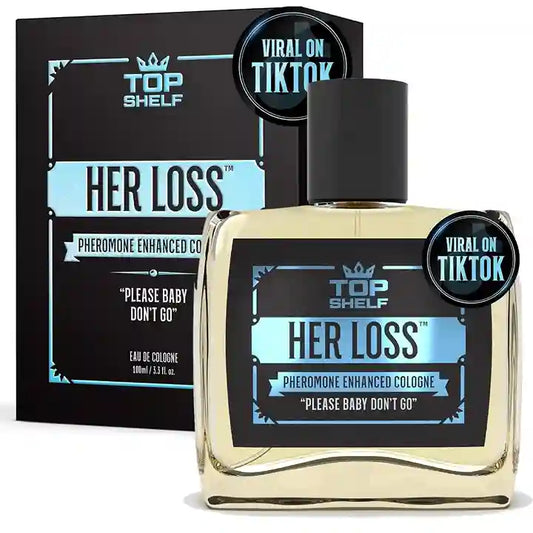 Top Shelf 'Her Loss' cologne bottle and packaging on a white background