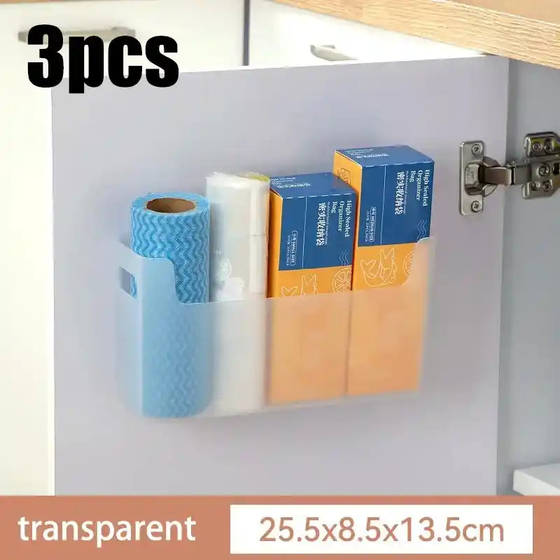 Transparent roll and boxes stored in a cabinet with dimensions displayed.