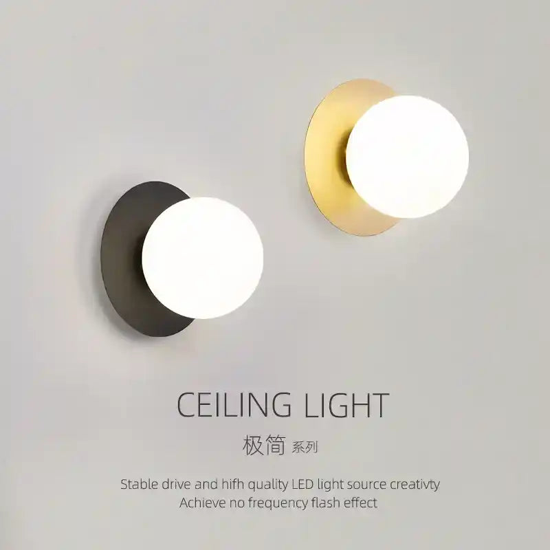 Two ceiling lights, one black and one gold, on a gray background with text about LED light source quality.