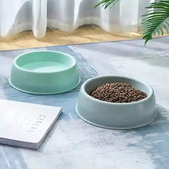 Two ceramic bowls on a marble surface, one with water and the other with pet food.