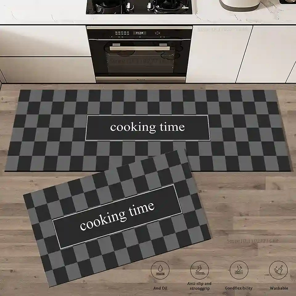 Two checkered kitchen mats with 'cooking time' text on a wooden floor.