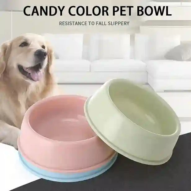 Two colorful pet bowls with a dog in the background, labeled 'Candy Color Pet Bowl'.