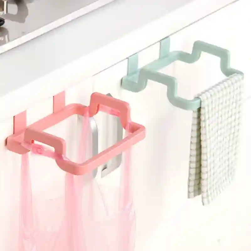 Two colorful towel racks with towels hanging on a white background