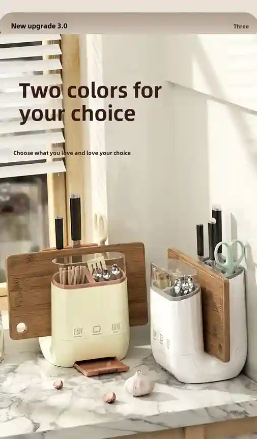 Two kitchen storage containers with wooden lids on a marble surface, with text about color choices.