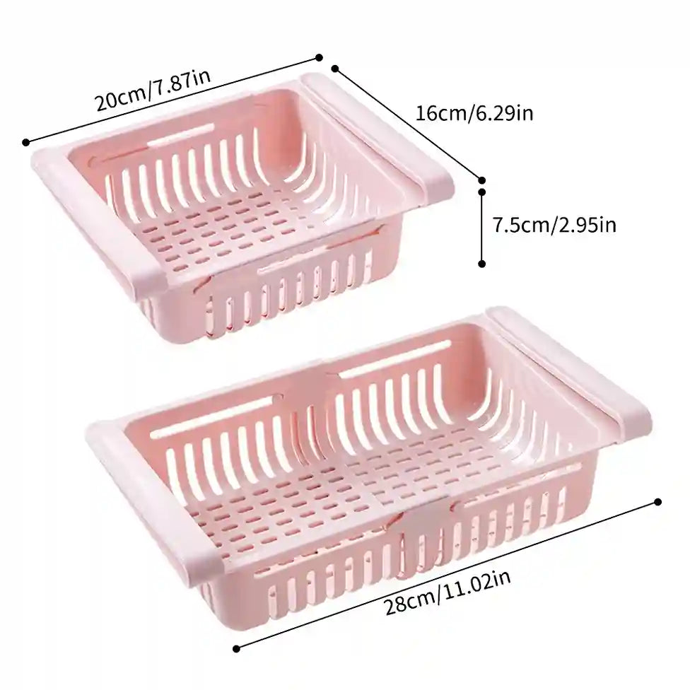 Two pink plastic baskets with measurements on a white background