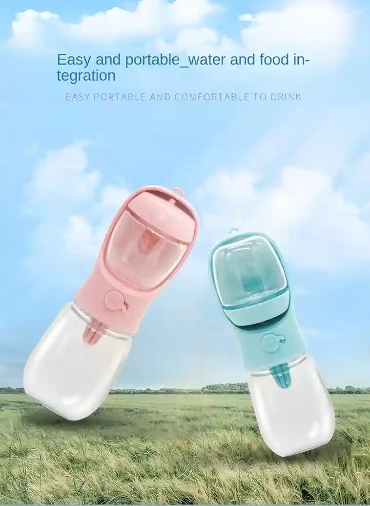 Two portable pet water bottles on a grassy field with a blue sky background.