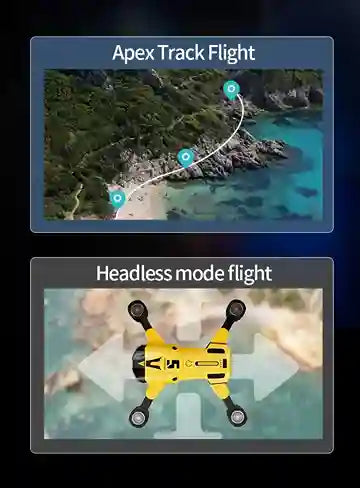 Two video clips showing 'Apex Track Flight' and 'Headless mode flight' of a drone over water and land.