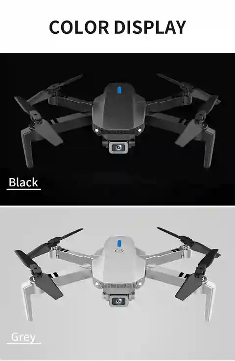 Two views of a drone, one black and one gray, on a color display background.