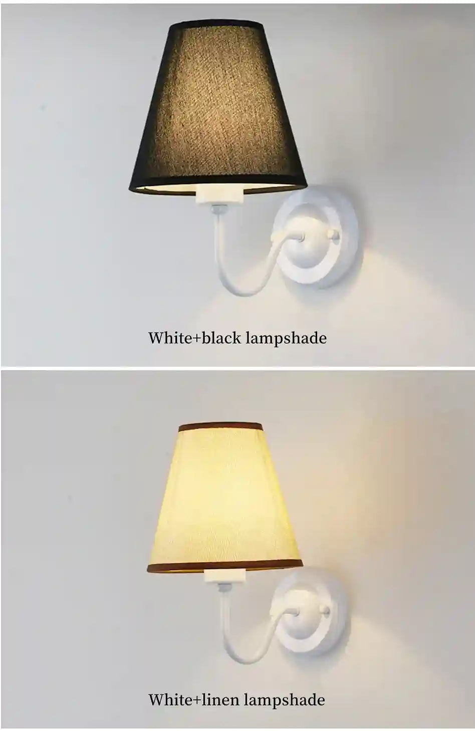 Two wall-mounted lamps with black and linen lampshades on a white background.