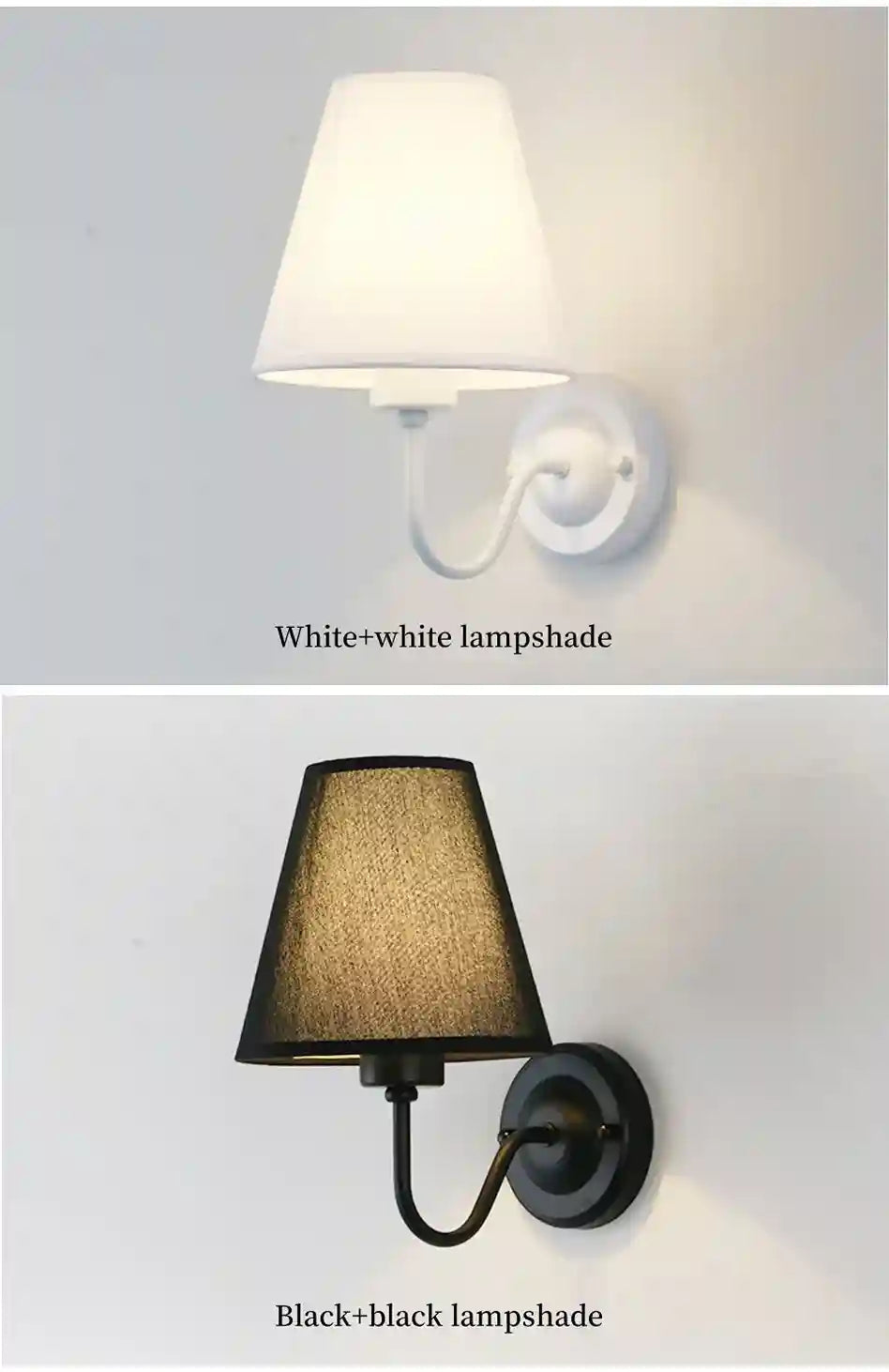 Two wall lamps with different lampshades on a light gray background