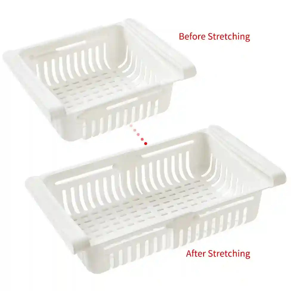 Two white plastic baskets, one labeled 'Before Stretching' and the other 'After Stretching', on a white background.