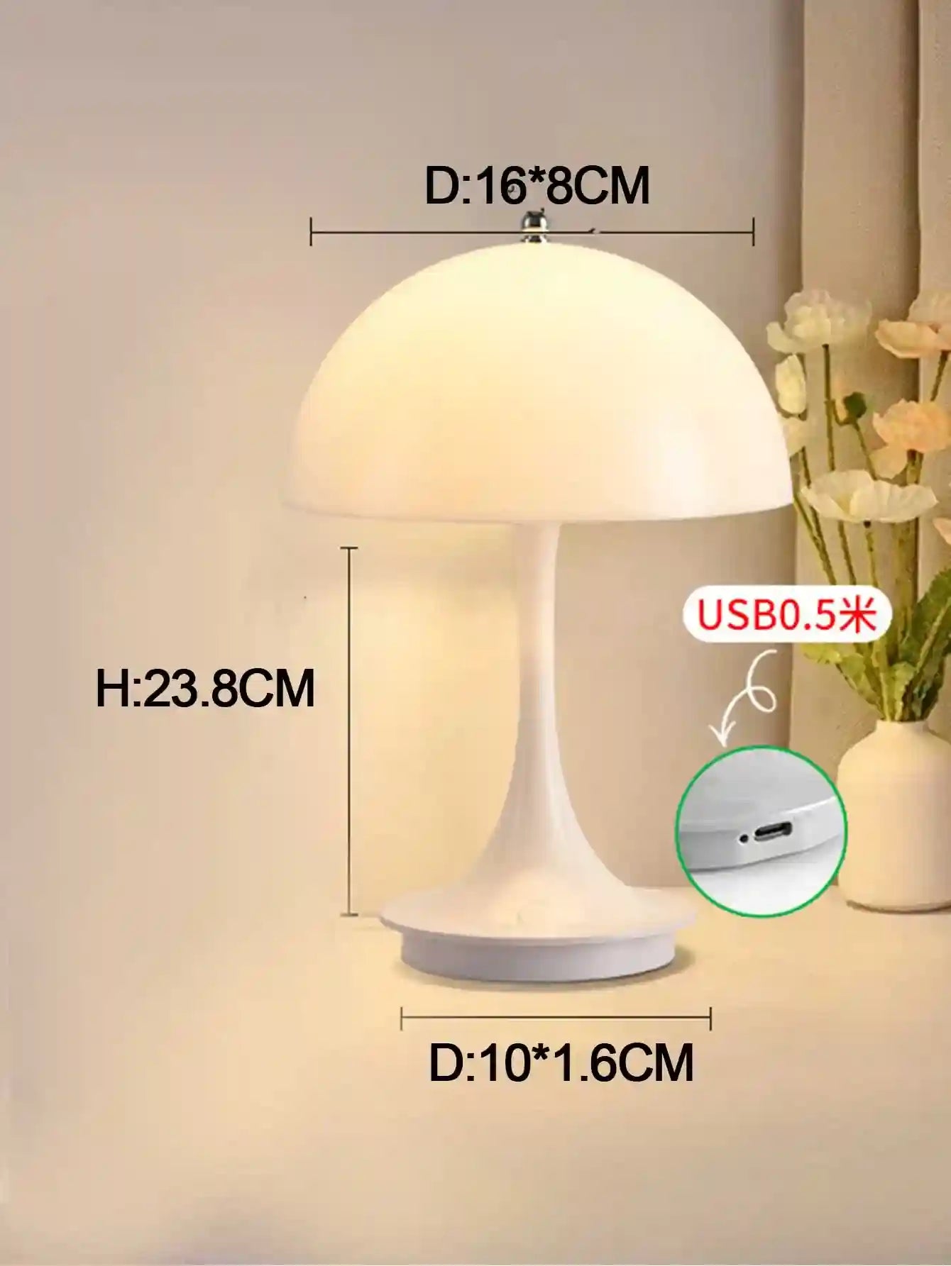 Table lamp with dimensions and USB connection details on a neutral background