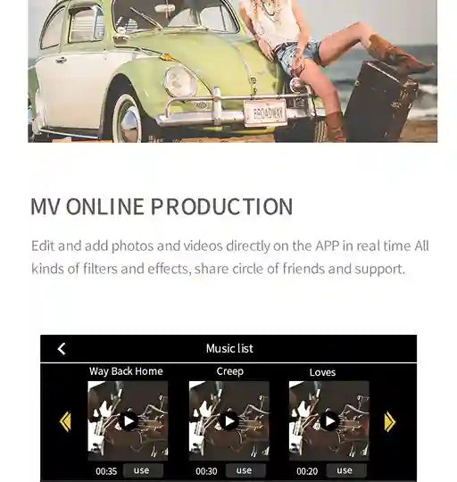 Vintage car with a person sitting on it, featuring text about MV online production and music list.
