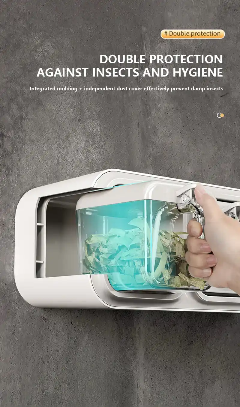 Wall-mounted insect prevention device with a hand holding it against a gray background